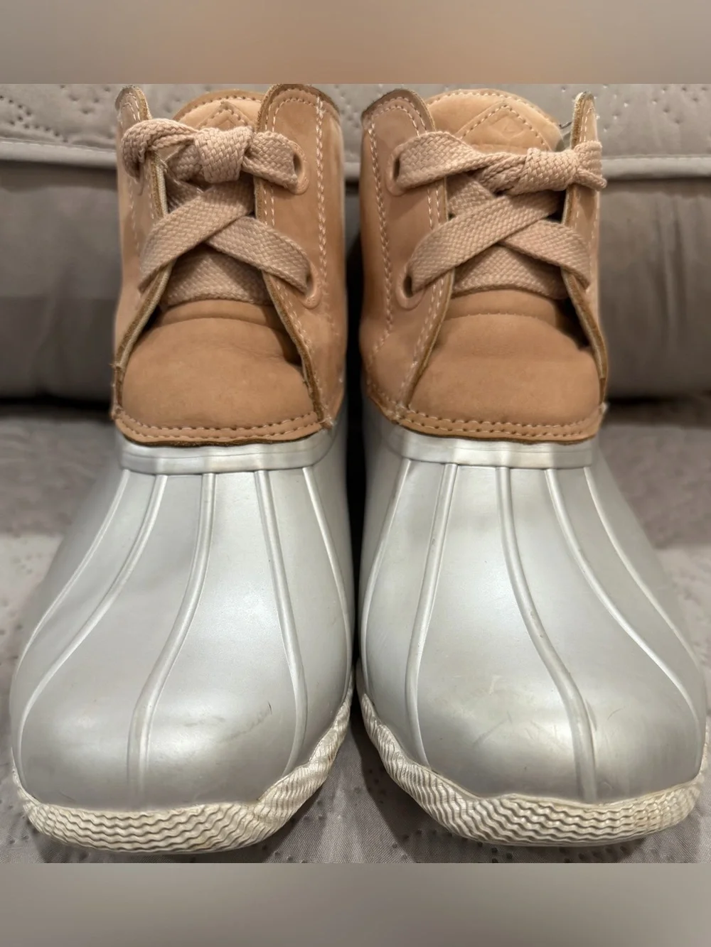 Sperry Saltwater Metallic Silver Tan Duck Boots Women’s Size 9